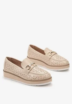 Beżowe Półbuty w Stylu Mokasynów na Grubej Podeszwie z Ażurową Cholewką Illthia