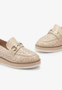 Beżowe Półbuty w Stylu Mokasynów na Grubej Podeszwie z Ażurową Cholewką Illthia