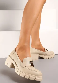 Beżowe Półbuty w Stylu Mokasynów Chunky z Ozdobną Klamerką i Skórzaną Wkładką Nubila