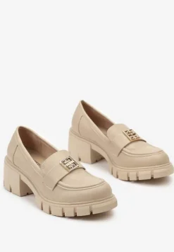 Beżowe Półbuty w Stylu Mokasynów Chunky z Ozdobną Klamerką i Skórzaną Wkładką Nubila