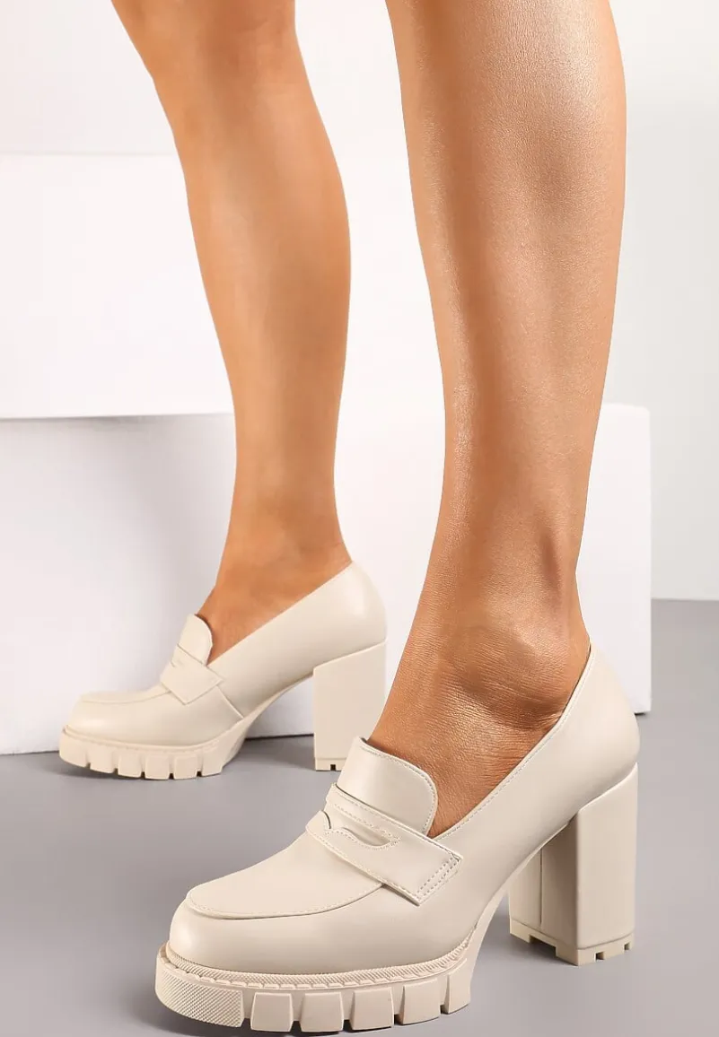 Beżowe Półbuty z Imitacji Skóry na Słupku z Platformą z Okrągłym Noskiem i Przeszyciami Dravinnia