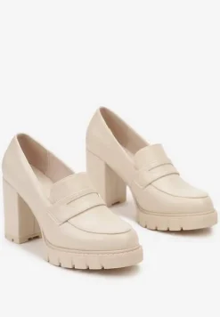 Beżowe Półbuty z Imitacji Skóry na Słupku z Platformą z Okrągłym Noskiem i Przeszyciami Dravinnia