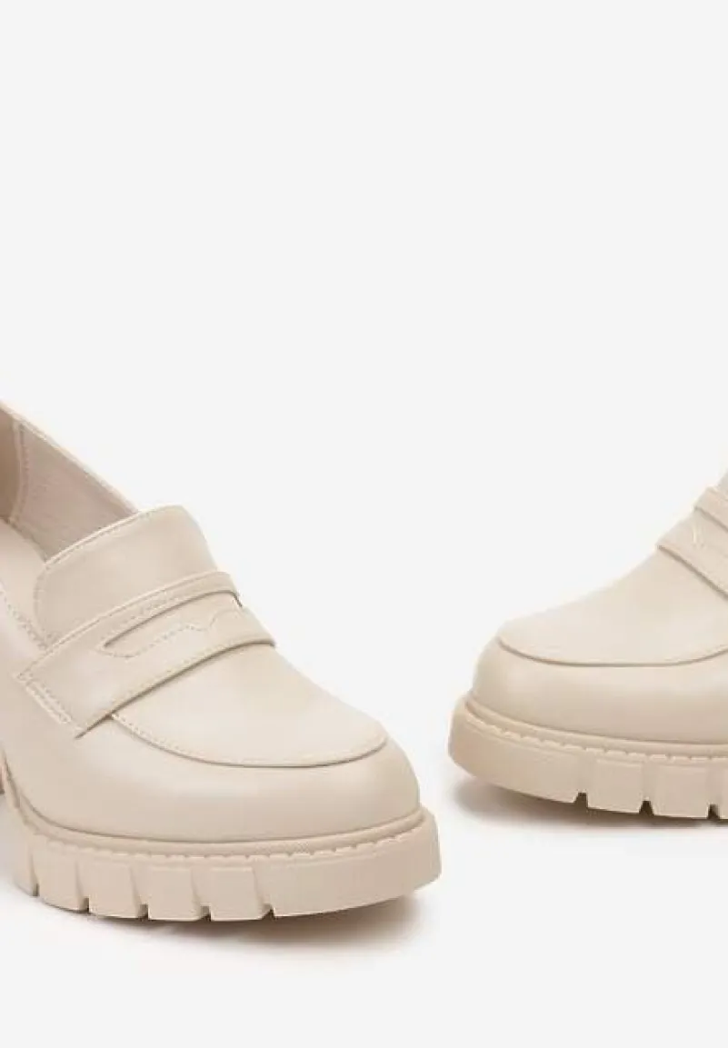 Beżowe Półbuty z Imitacji Skóry na Słupku z Platformą z Okrągłym Noskiem i Przeszyciami Dravinnia