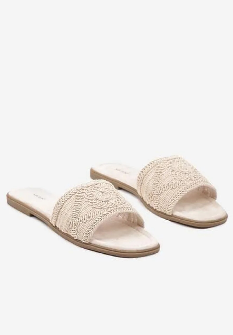 Beżowe Plecione Klapki na Płaskiej Podeszwie w Stylu Boho Evielle