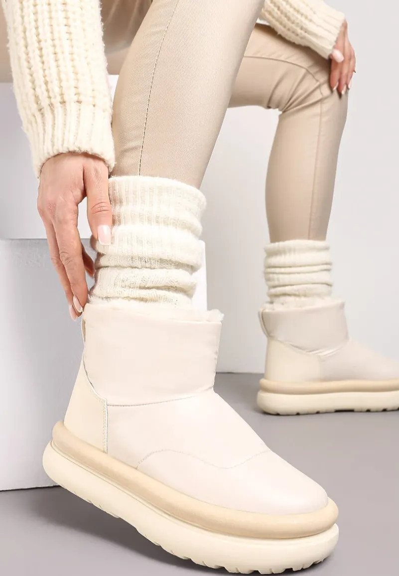 Beżowe Połyskujące Śniegowce na Płaskiej Podeszwie Ocieplone Futerkiem Brivida