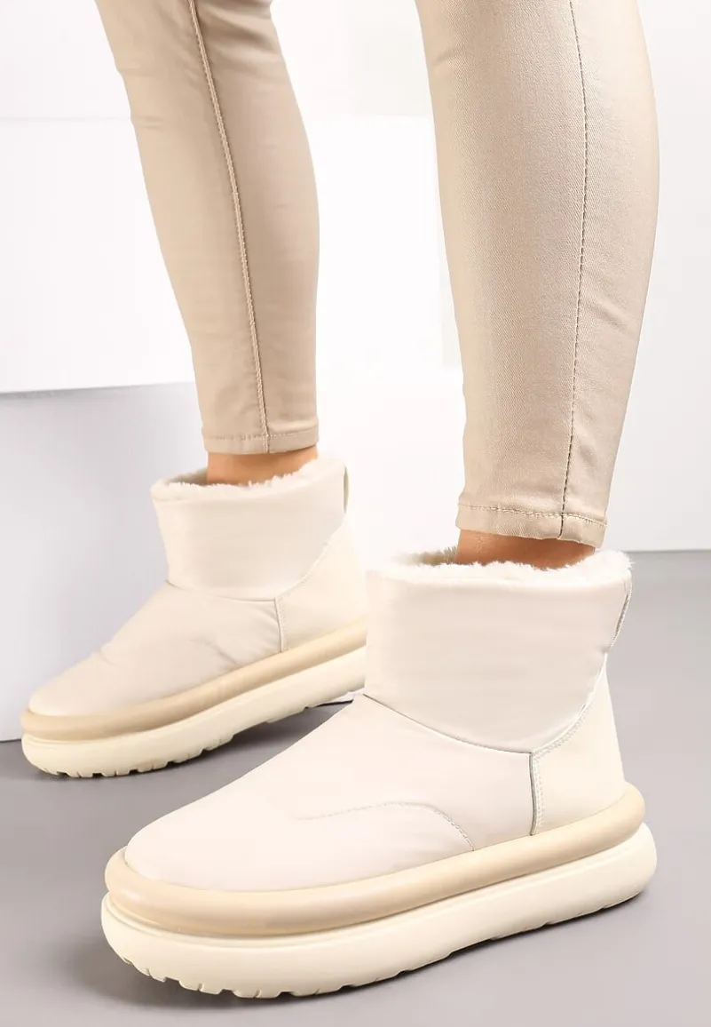 Beżowe Połyskujące Śniegowce na Płaskiej Podeszwie Ocieplone Futerkiem Brivida