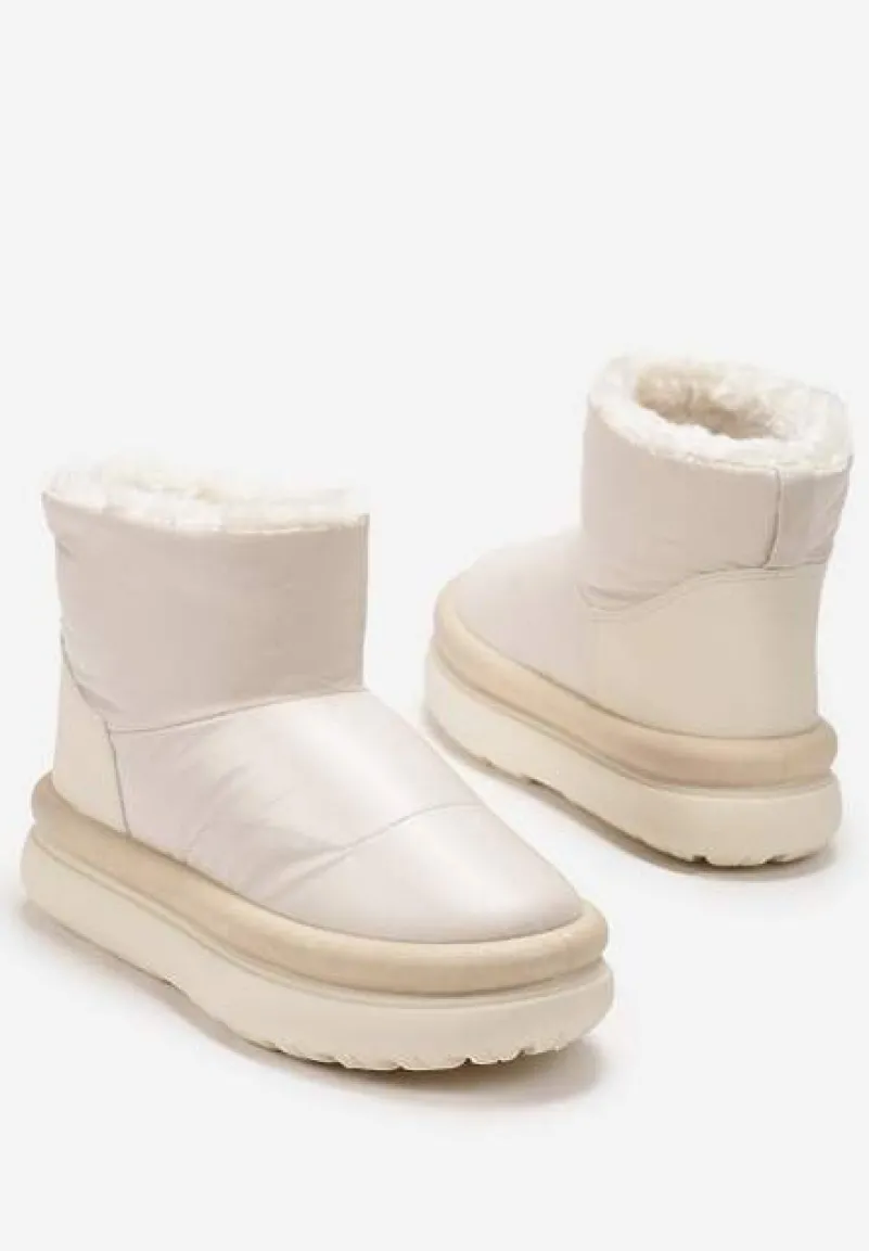 Beżowe Połyskujące Śniegowce na Płaskiej Podeszwie Ocieplone Futerkiem Brivida