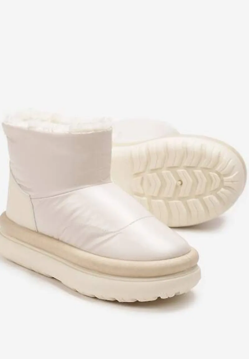 Beżowe Połyskujące Śniegowce na Płaskiej Podeszwie Ocieplone Futerkiem Brivida