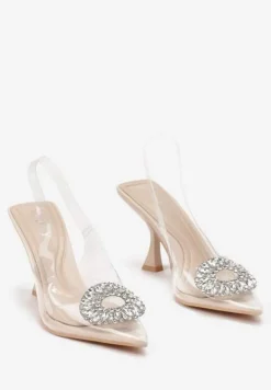 Beżowe Przeźroczyste Sandały na Szpilce z Klamrą z Cyrkonii Orchia