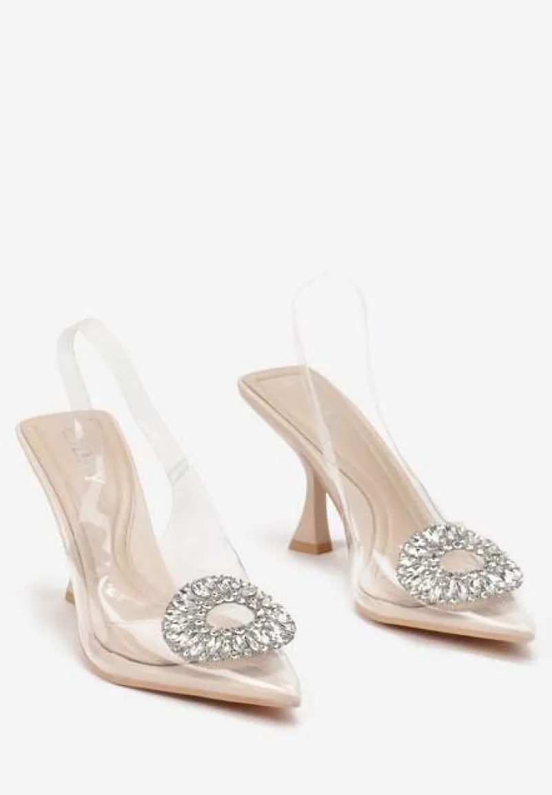 Beżowe Przeźroczyste Sandały na Szpilce z Klamrą z Cyrkonii Orchia