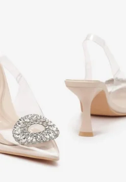 Beżowe Przeźroczyste Sandały na Szpilce z Klamrą z Cyrkonii Orchia