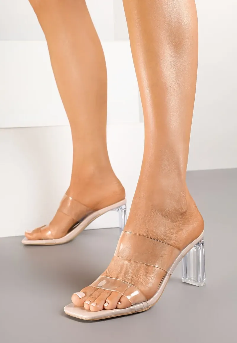 Beżowe Przezroczyste Klapki na Słupku Zenretia