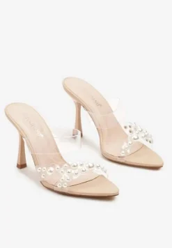 Beżowe Przezroczyste Klapki Szpilki Ozdobione Perełkami Frolreti