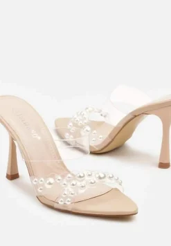 Beżowe Przezroczyste Klapki Szpilki Ozdobione Perełkami Frolreti