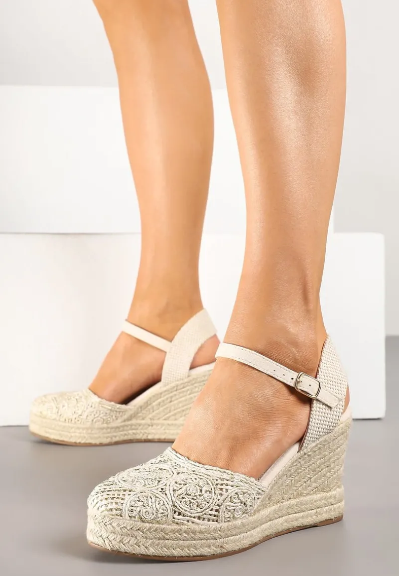Beżowe Sandały Boho na Plecionym Koturnie z Wkładką ze Skóry Naturalnej Maniffia