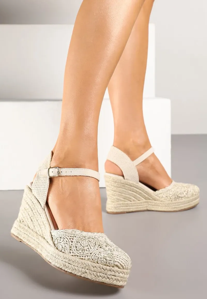 Beżowe Sandały Boho na Plecionym Koturnie z Wkładką ze Skóry Naturalnej Maniffia