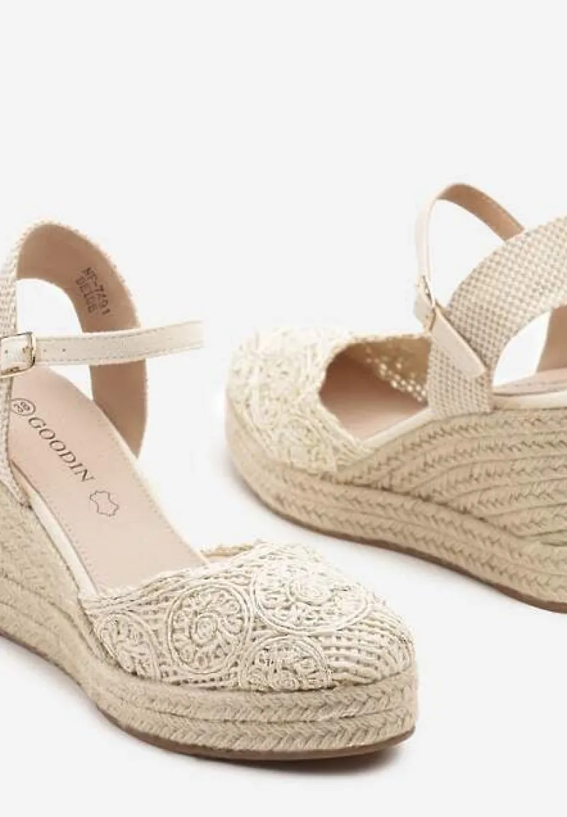 Beżowe Sandały Boho na Plecionym Koturnie z Wkładką ze Skóry Naturalnej Maniffia