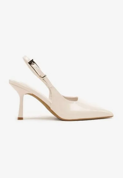 Beżowe Sandały Lakierowane na Szpilce Vices Typu Slingback Tilazea
