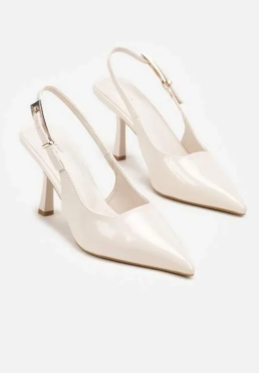 Beżowe Sandały Lakierowane na Szpilce Vices Typu Slingback Tilazea