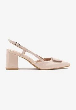 Beżowe Sandały Lakierowane na Słupku Slingback z Ozdobą na Nosku Vommea