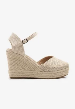 Beżowe Sandały na Koturnie w Typie Espadryli Ozdobione Plecionką Akiora