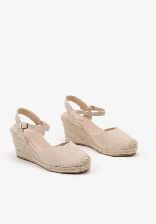 Beżowe Sandały na Koturnie w Stylu Espadryli Ozdobione Plecionką Iladira