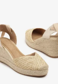 Beżowe Sandały na Koturnie Ozdobione Wiązaniem i Plecionką Talurelia