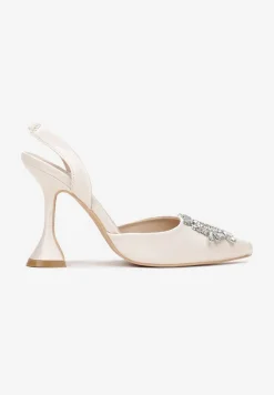 Beżowe Sandały na Obcasie Klepsydra z Paskiem z Gumką i Kryształkami Alatria