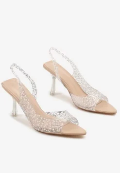 Beżowe Sandały na Obcasie z Transparentną Cholewką z Cyrkoniami Sorisca