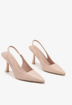 Beżowe Sandały na Obcasie ze Szpiczastym Noskiem i Odkrytą Piętą Nanalis