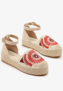 Beżowe Sandały na Platformie Ozdobione Plecionką Meraliria