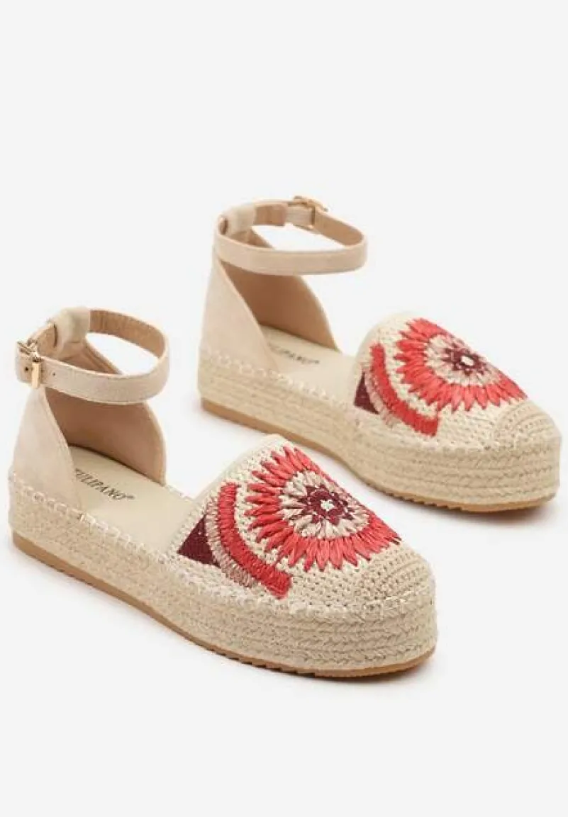 Beżowe Sandały na Platformie Ozdobione Plecionką Meraliria