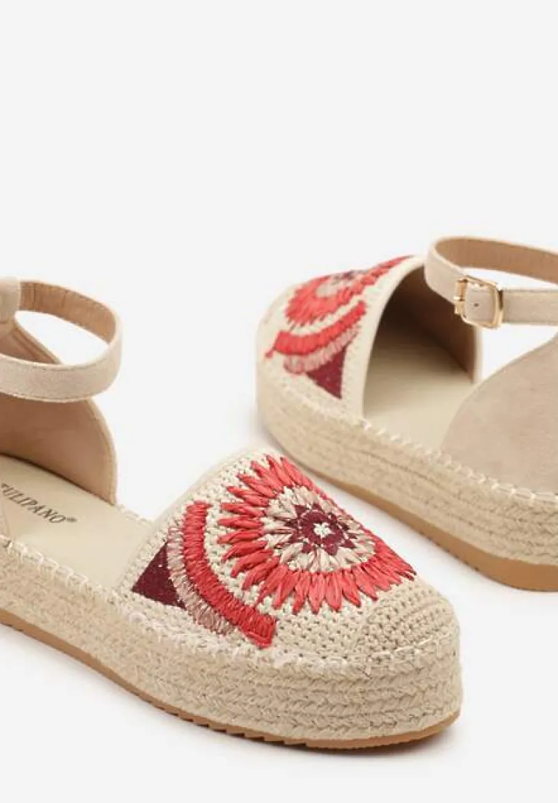 Beżowe Sandały na Platformie Ozdobione Plecionką Meraliria