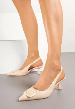 Beżowe Sandały na Szpilce Kaczuszce Slingback z Geometryczną Aplikacją Melanoriel