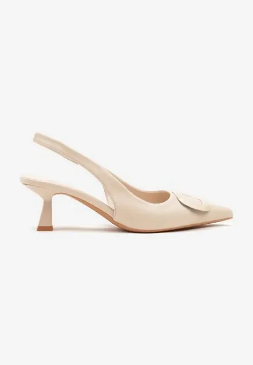 Beżowe Sandały na Szpilce Kaczuszce Slingback z Geometryczną Aplikacją Melanoriel