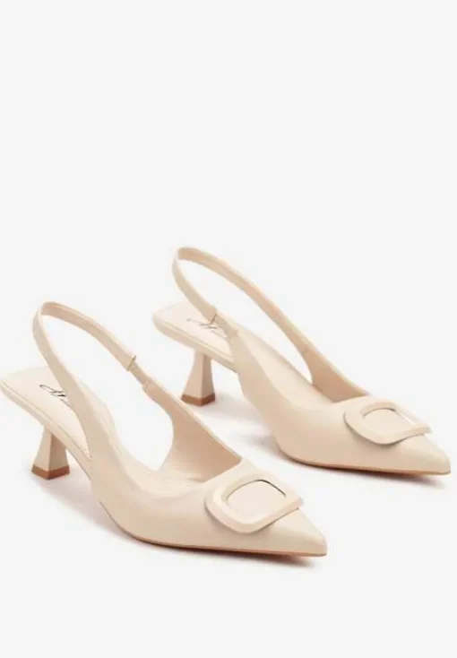 Beżowe Sandały na Szpilce Kaczuszce Slingback z Geometryczną Aplikacją Melanoriel