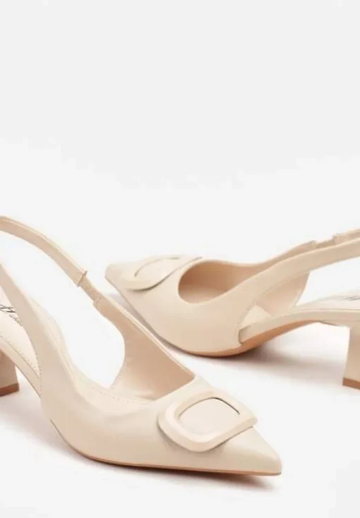Beżowe Sandały na Szpilce Kaczuszce Slingback z Geometryczną Aplikacją Melanoriel