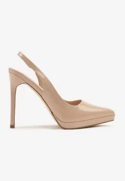 Beżowe Sandały na Szpilce Lakierowane Typu Slingback Novalise