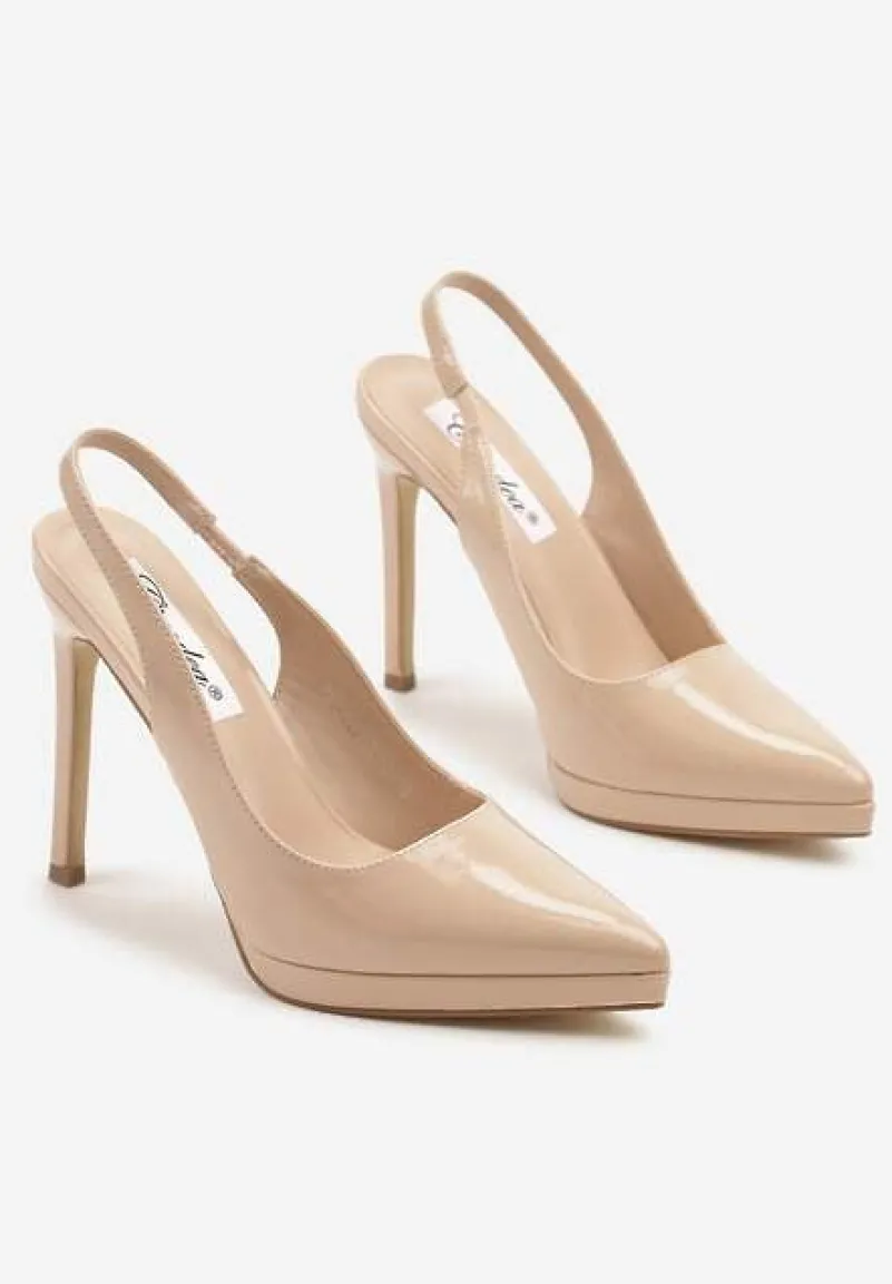 Beżowe Sandały na Szpilce Lakierowane Typu Slingback Novalise