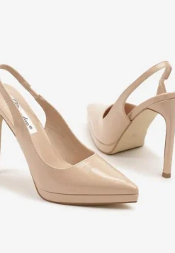 Beżowe Sandały na Szpilce Lakierowane Typu Slingback Novalise
