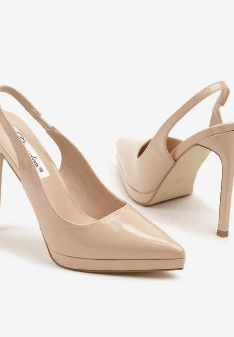 Beżowe Sandały na Szpilce Lakierowane Typu Slingback Novalise