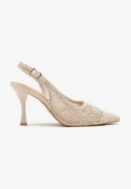 Beżowe Sandały na Szpilce Typu Slingback Ozdobione Siateczką Aranalia