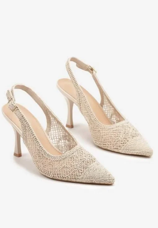 Beżowe Sandały na Szpilce Typu Slingback Ozdobione Siateczką Aranalia