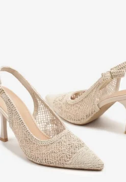 Beżowe Sandały na Szpilce Typu Slingback Ozdobione Siateczką Aranalia