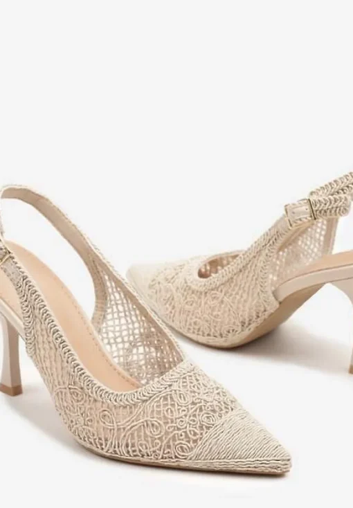 Beżowe Sandały na Szpilce Typu Slingback Ozdobione Siateczką Aranalia