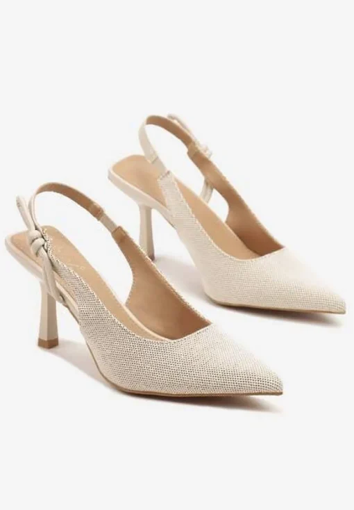 Beżowe Sandały na Szpilce Typu Slingback z Wiązaniem Elliranea