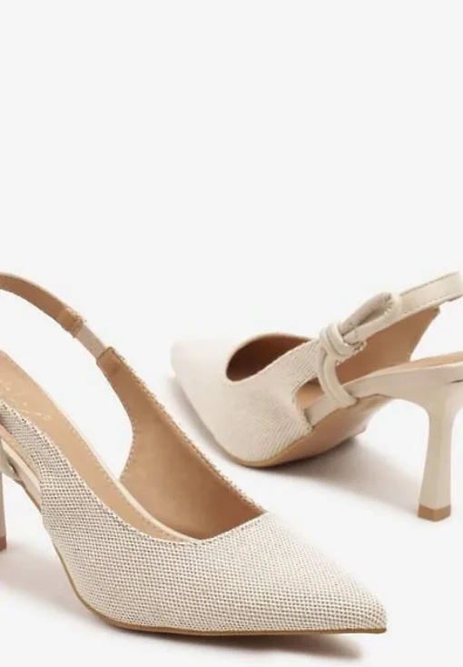 Beżowe Sandały na Szpilce Typu Slingback z Wiązaniem Elliranea