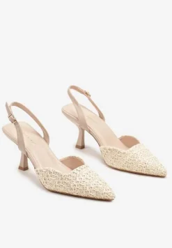 Beżowe Sandały na Szpilce Typu Slingback z Plecioną Cholewką Tatelana