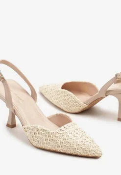 Beżowe Sandały na Szpilce Typu Slingback z Plecioną Cholewką Tatelana