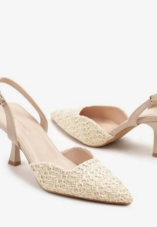Beżowe Sandały na Szpilce Typu Slingback z Plecioną Cholewką Tatelana